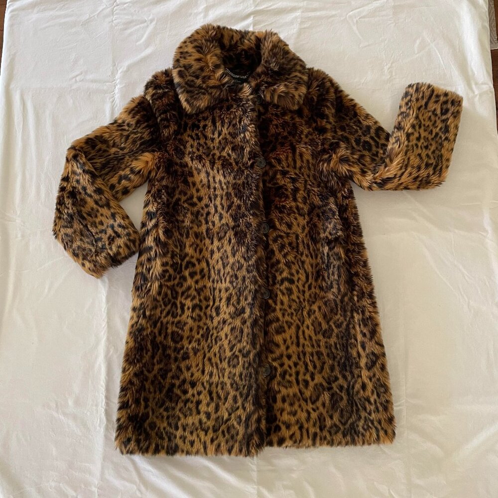 J Crew cheetah leopard animal print Teddy Faux Fur Coat sz S (fits like M) -NWOT